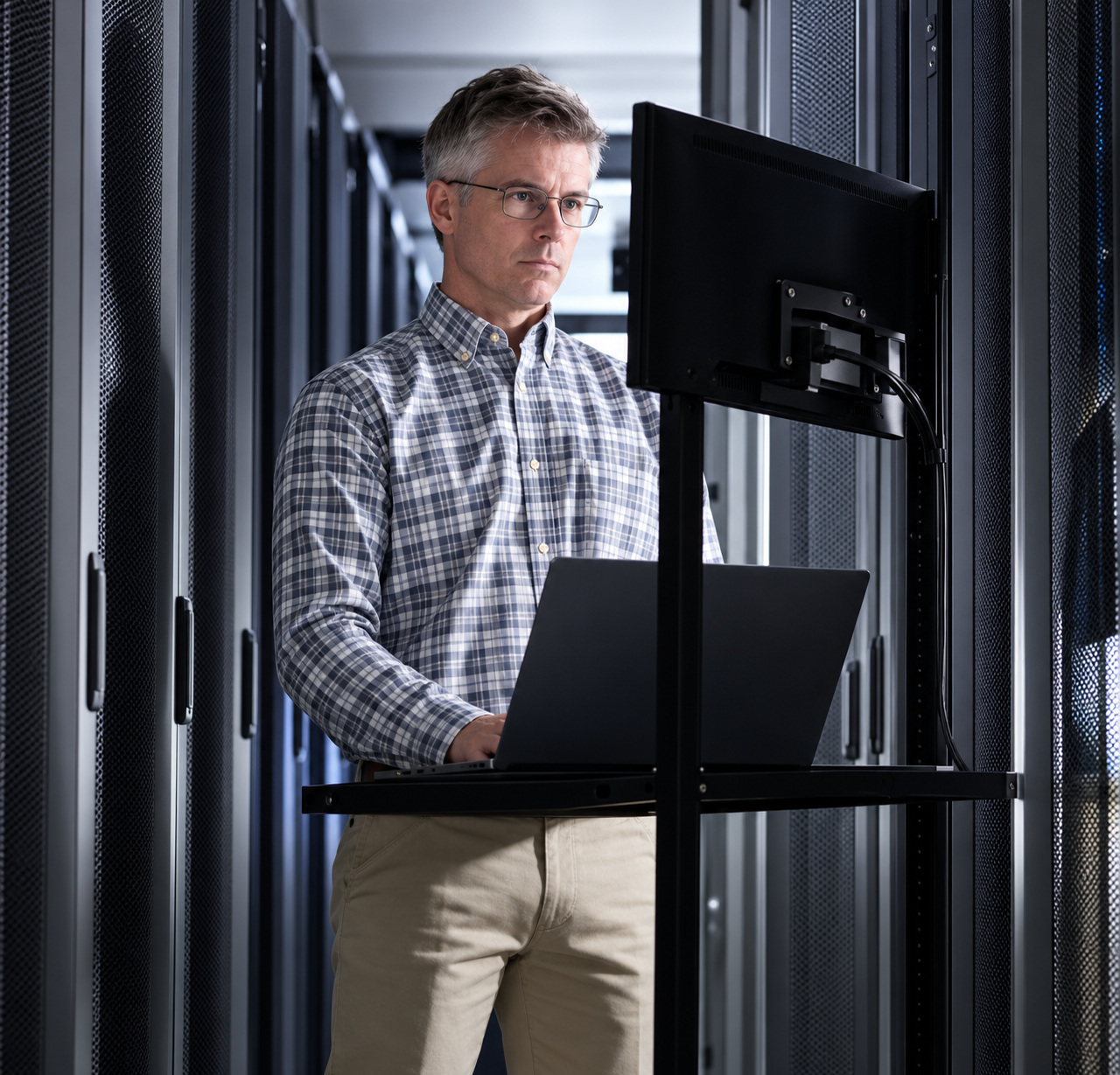 An illustrative professional in a server room